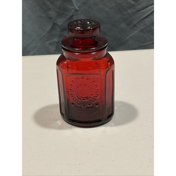 Vintage Wheaton NJ Glass Co. Ruby Red Glass Jar Pressed Flower Design - Picture 1 of 6